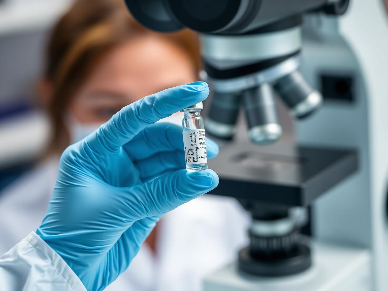 Researcher inspecting peptide vial